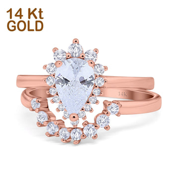 14K Rose Gold Teardrop Two Piece Art Deco Simulated CZ Wedding Ring Curved Band Size-7
